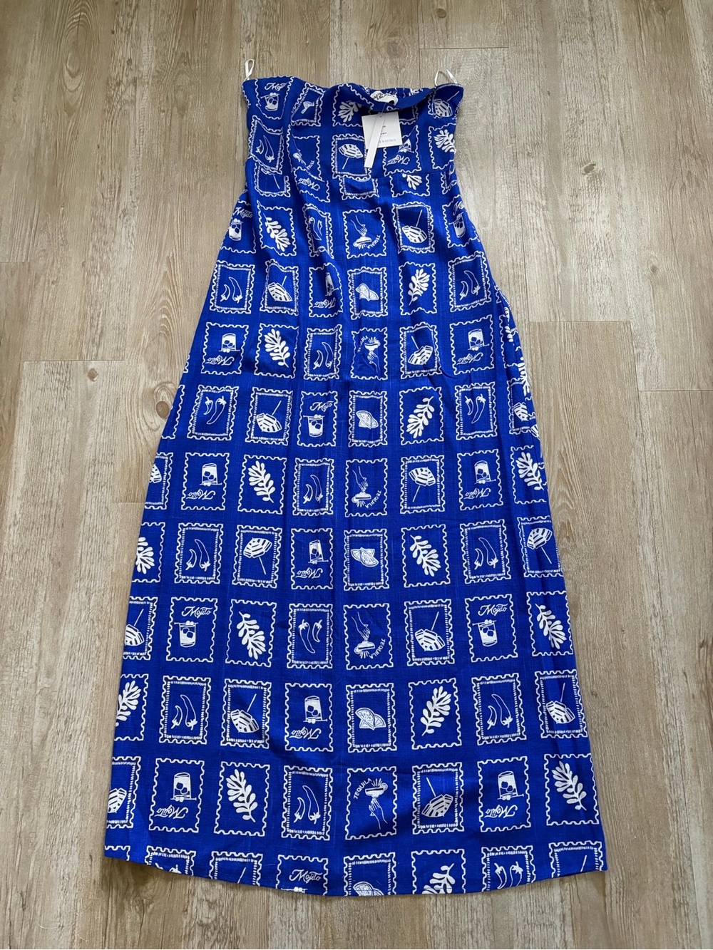 Blue Printed Strapless Linen Blend Midi Dress